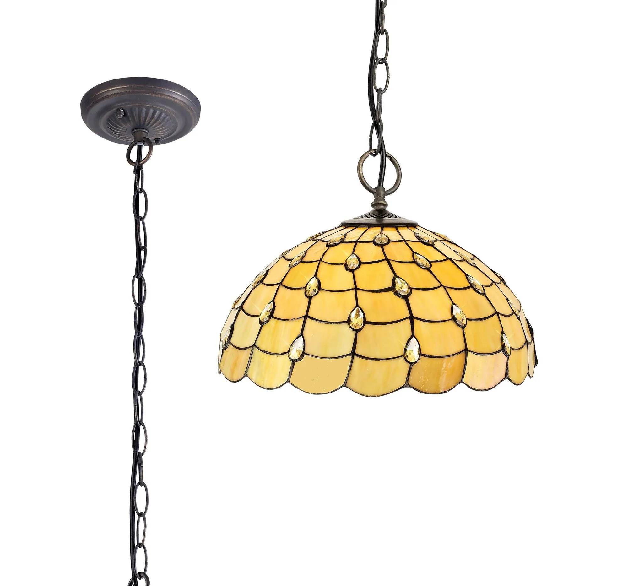 Aero 3 Light Downlighter Pendant E27 With 30cm Tiffany Shade, Beige/Clear Crystal/Aged Antique Brass