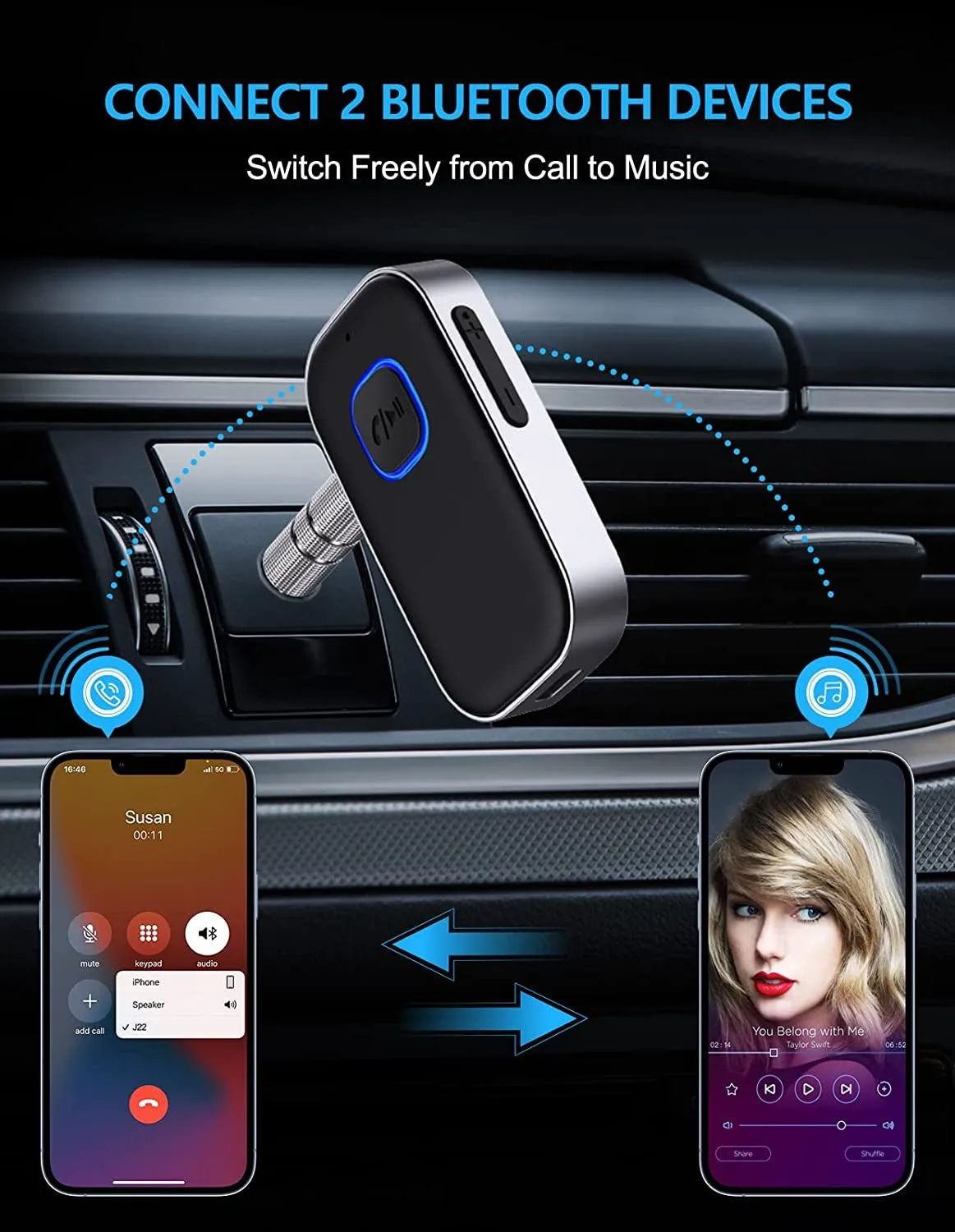 COMSOON Bluetooth 5.0 Receiver for Car, Noise Cancelling Bluetooth AUX Adapter, Bluetooth Music Receiver for Home Stereo/Wired Headphones/Hands-Free Call,16H Battery Life-Black Silver